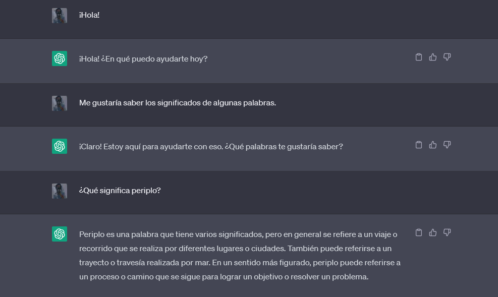 Conversación con ChatGPT. Se le pide ayuda para definir la palabra periplo.